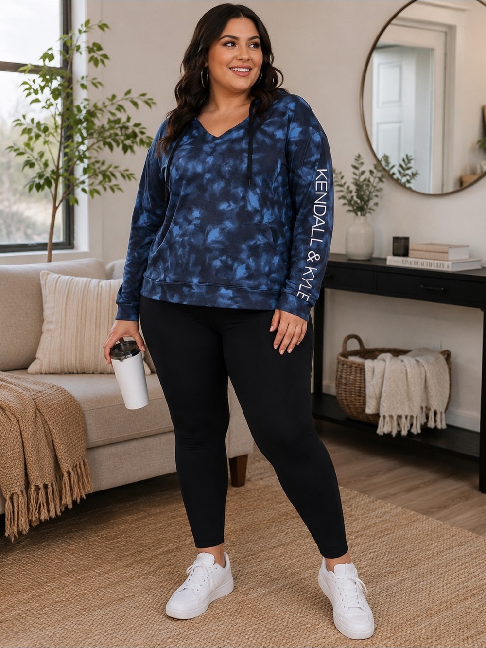 Plus Size Blue Tie Dye Hoodie NWT V Neck Pullover Lounge Top 1X Cloud Wash Comfy